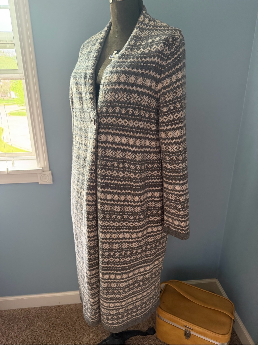 J. Jill Gray and White Fair Isle Long Open-Front Cardigan